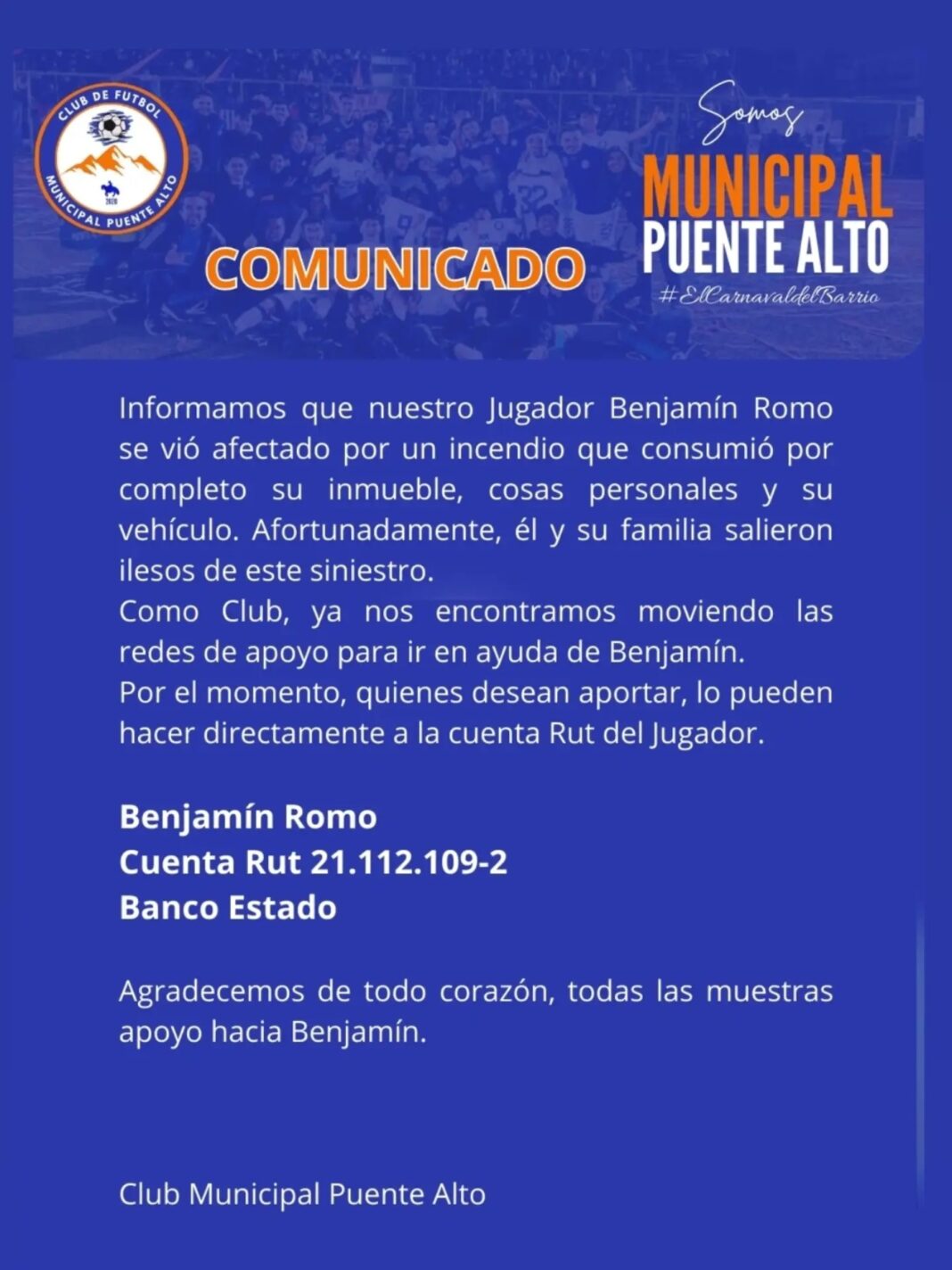 Incendio destruyó la casa de jugador de Municipal Puente Alto